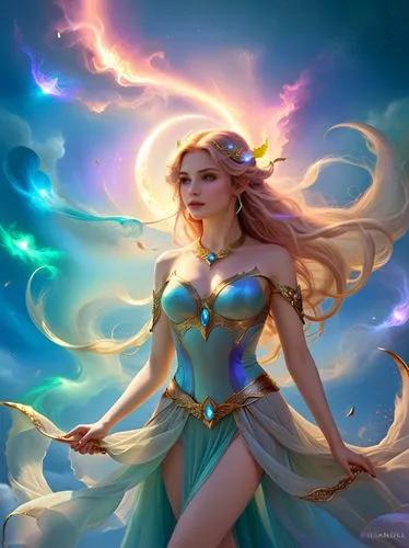 an illustration of a woman dressed in blue dress,janna,jaina,allura,diana,galadriel,goddess of justice,Illustration,Realistic Fantasy,Realistic Fantasy 01