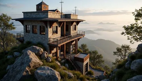 Watchtower on hilltop, rugged stone walls, rusty metal accents, weathered wooden beams, scenic lookout points, winding staircases, panoramic views, misty mountain air, soft warm lighting, shallow dept