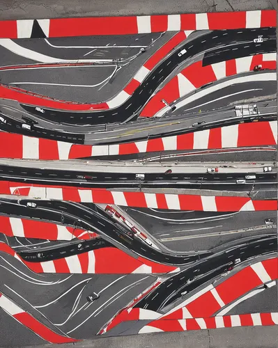 Create a mysterious traffic hazard on a deserted road in the middle of the night.,candy cane stripe,winding roads,highway roundabout,hairpins,checkered flags,n1 route,intersection,traffic zone,racing 