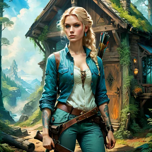 elsa,ranger,game illustration,girl with gun,piper,heidi country,lara,game art,cg artwork,farmer in the woods,girl with a gun,full hd wallpaper,the wanderer,mountain guide,rosa ' amber cover,portrait background,fantasy portrait,elven,woman holding gun,park ranger,Conceptual Art,Fantasy,Fantasy 05