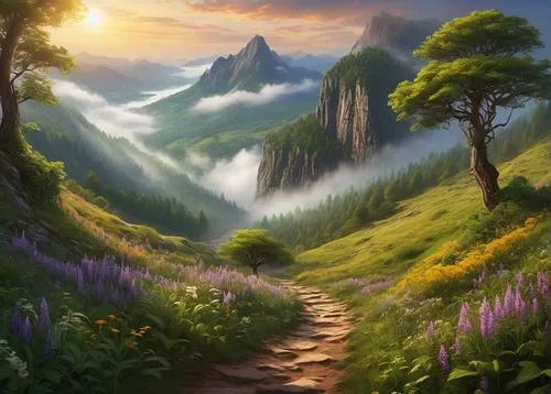 mountain landscape,fantasy landscape,mountain scene,mountainous landscape,mountain meadow,landscape background,hiking path,nature landscape,mountain sunrise,forest landscape,beautiful landscape,mount scenery,mountain valley,mountain world,high landscape,purple landscape,meadow landscape,mountain valleys,mountain hiking,fantasy picture,Art,Classical Oil Painting,Classical Oil Painting 38