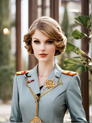 a woman,military uniform,military officer,colonel,stewardess,imperial coat,military,military person,flight attendant,military organization,military rank,the sandpiper general,general,a uniform,navy,ca