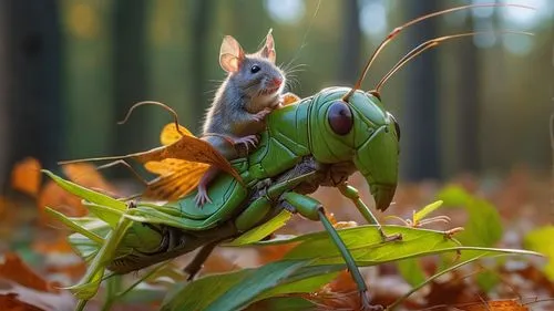 Mouse king riding a grasshopper ,northern praying mantis (martial art),praying mantis,band winged grasshoppers,katydid,mantidae,mantis,grasshopper,european green lizard,walking stick insect,ring-taile