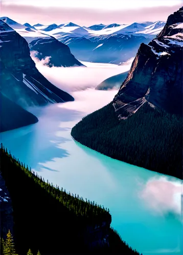 Scenic Canada, majestic mountains, turquoise Lake Louise, snow-capped peaks, lush green forests, serene waterfalls, rocky cliffs, misty fog, warm sunlight, panoramic view, 3/4 composition, vivid color