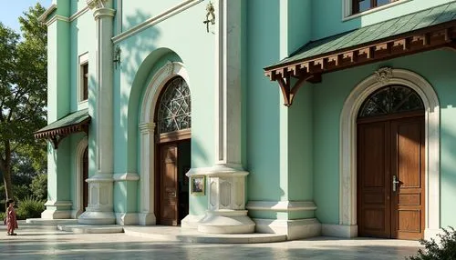 Mint-colored church facade, ornate stone carvings, smooth marble columns, rustic wooden doors, stained glass windows, intricate Gothic arches, soft natural lighting, subtle shadows, creamy white accen