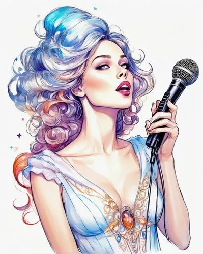 chanteuse,singer,singing,harmonix,watercolor pin up,mic,Illustration,Realistic Fantasy,Realistic Fantasy 37