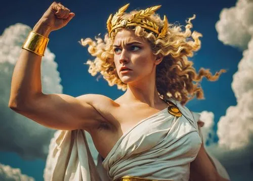 Female Zeus, goddess, powerful, muscular, blonde curly hair, blue eyes, white toga, golden laurel wreath, lightning bolts, strong jawline, bold eyebrows, heroic pose, standing, Mount Olympus, cloudy s