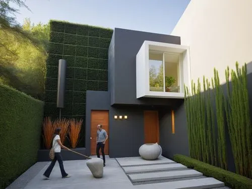 CASA ESTILO MINIMALISTA UBICADA EN UN FRACCIONAMIENTO,  RODEADA DE VEGETACIÓN EXUBERANTE, PERSONAS,ARBOLES, PALMERAS, CORRECCION DE ERRORES,two people with large circular planters are near the entranc