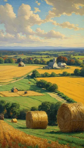 farm landscape,rural landscape,grant wood,bales,straw bales,bales of hay,hay bales,straw field,wheat field,wheat fields,wheat crops,autumn landscape,straw harvest,field of cereals,grain harvest,rolling hills,round bales,panoramic landscape,grain field,meadow landscape,Art,Classical Oil Painting,Classical Oil Painting 15