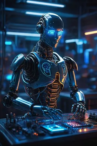 Digital art, futuristic heartbeat, AI robot, neon lights, metallic body, glowing blue circuits, intricate mechanical details, robotic eyes, wires, motherboards, futuristic laboratory, sleek tables, ad