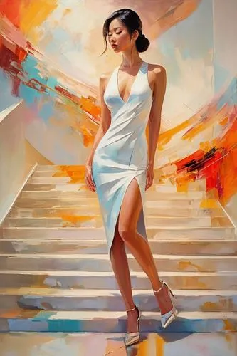 utada,girl on the stairs,sherine,fischl,art painting,dance with canvases,girl in white dress,fashion vector,girl in a long dress,world digital painting,painting technique,steps,mapei,meticulous painting,torn dress,italian painter,a girl in a dress,xiaoqing,light of art,pittura,Conceptual Art,Oil color,Oil Color 20