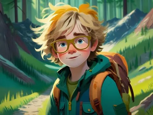 A young boy, around eight years old, with messy blonde hair and blue eyes, wearing glasses and dressed in hiking gear. His hair is tousled, giving him a carefree and adventurous look,the  is wearing g