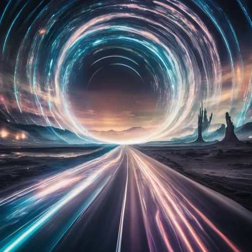 An advanced science fiction world appears before our eyes, 3000 years later,speed of light,wormhole,light trail,electric arc,space art,whirl,portals,flow of time,futuristic landscape,road of the impos