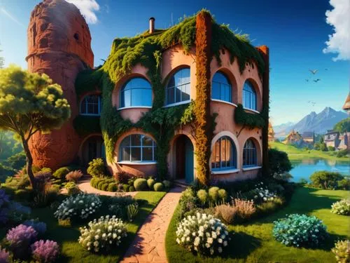 dandelion hall,fairy tale castle,beautiful home,witch's house,studio ghibli,cubic house,villa,crooked house,home landscape,fairytale castle,victorian house,fairy chimney,large home,cube house,rapunzel