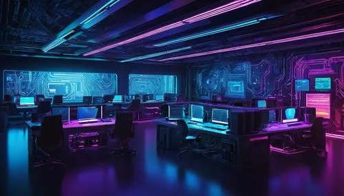 Computer architecture, futuristic lab setting, modern interior design, sleek lines, neon lights, circuit boards, microchips, wires, motherboards, CPUs, GPUs, RAMs, futuristic screens, holographic disp