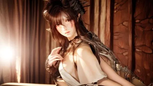 fantasy girl,steampunk,fairy tale character,cosplay image,music fantasy,fantasy woman,asian costume,antique background,priestess,sorceress,brown fabric,anime japanese clothing,3d fantasy,wooden background,faerie,dark elf,oriental longhair,fantasy,feather headdress,oriental girl