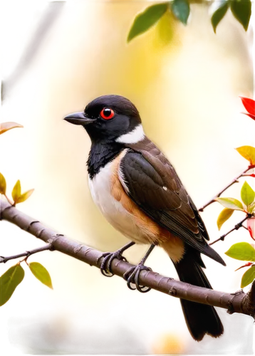 Black pittos, small bird, brown back, black head, white throat, red eyes, tiny beak, perched, branch, leaves surrounding, warm lighting, soft focus, shallow depth of field, natural composition.,himala