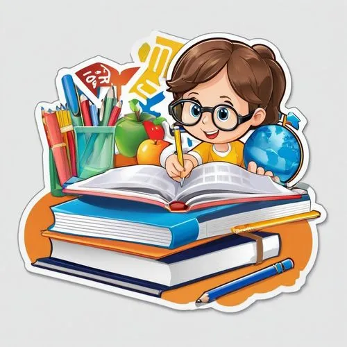 clipart sticker,girl studying,school items,bookworm,intelectual,flat blogger icon,Unique,Design,Sticker