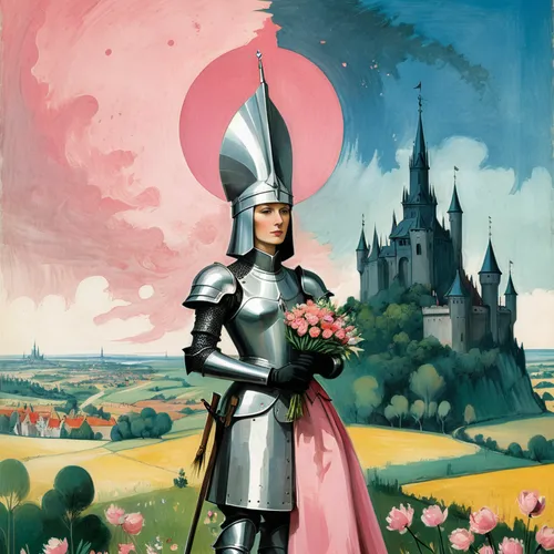 couple of woman in medieval dress with high cap headdress and knight in armor with open visor holding bouquet of flowers standing next to each other, storybook illustration, Terry Oakes, tumblr, forma