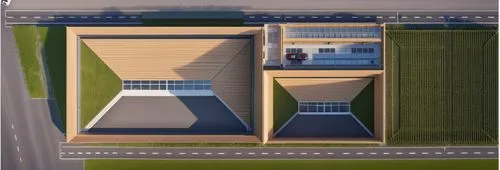 sketch of a retail park design, with one building on the left on two levels, one building in the midlle on two level with parking in front, a parking silo on the right with cars on top, a road on top 