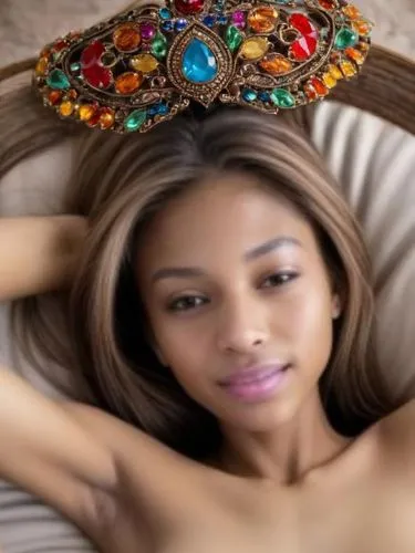 an indian woman laying on a bed with her arms on the side,tiara,bonang,mayhle,oduwole,tiaras,mahdawi