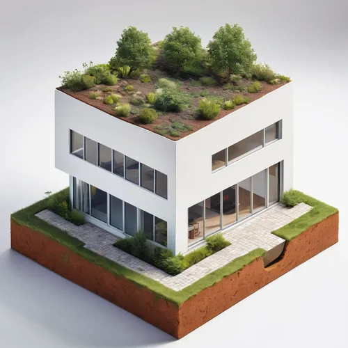 Imagine an intricately detailed, hyper realistic, cube ground is like cut within where soil formation can be seen in the cut, in isometric view of a house (describe the house), White background, It ev