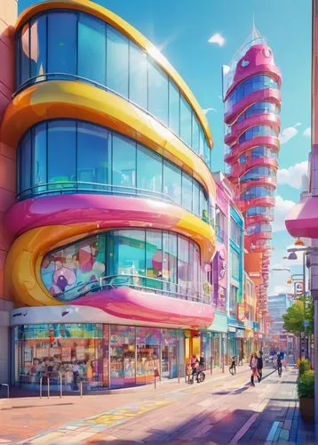 colorful city,imageworks,lazytown,microdistrict,innoventions,fantasy city,futuristic architecture,cybertown,cybercity,akiba,jetsons,futuristic landscape,harborplace,seaside resort,mvrdv,harajuku,dreamsville,megapolis,shanghai disney,telocity,Illustration,Japanese style,Japanese Style 02