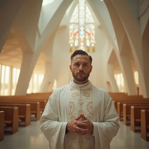 Modern church, fiberglass material, sleek lines, geometric shapes, minimalist interior, stained glass windows, natural light pouring in, holy symbols etched into walls, priest standing at the altar, h