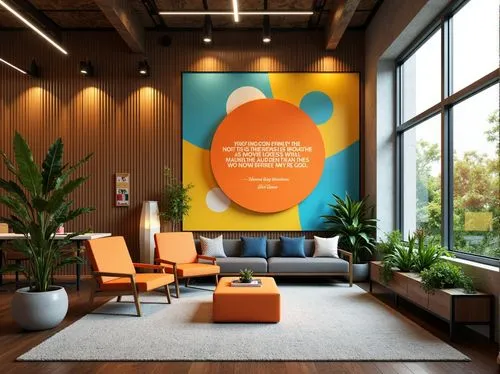 Vibrant motivational space, bold typography, energetic orange hues, uplifting yellow accents, calming blue undertones, inspiring quotes, modern minimalist decor, sleek metallic frames, natural wood te