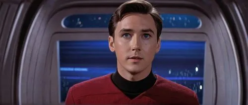 Wesley Crusher, Starfleet Academy, young adult, curious eyes, messy brown hair, casual pose, iconic red sweater with black stripes, white shirt underneath, dark blue pants, standing, USS Enterprise NC