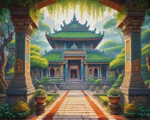 Ancient JKS temple, intricate carvings, ornate decorations, grand entrance gate, vibrant colors, golden accents, majestic stone pillars, detailed roof tiles, serene courtyard, lush greenery, misty mor