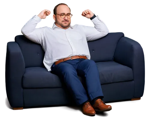 fat man, balding, thick beard, mustache, round glasses, red cheeks, double chin, white shirt, black vest, dark blue pants, leather belt, brown shoes, sitting on couch, hands behind head, relaxed pose,