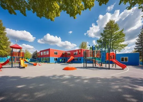 Elementary school building, colorful exterior walls, bright blue roof, white windows, red doors, green trees surrounding, playground equipment, slides, swings, sandbox, basketball court, asphalt pavem