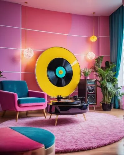 retro turntable,modern decor,vinyl player,record player,sonos,electrohome,great room,kids room,the living room of a photographer,livingroom,kitschy,discoideum,brighthouse,modern room,living room,mid century modern,vinyl records,discs vinyl,pink chair,gramophone record,Conceptual Art,Sci-Fi,Sci-Fi 29