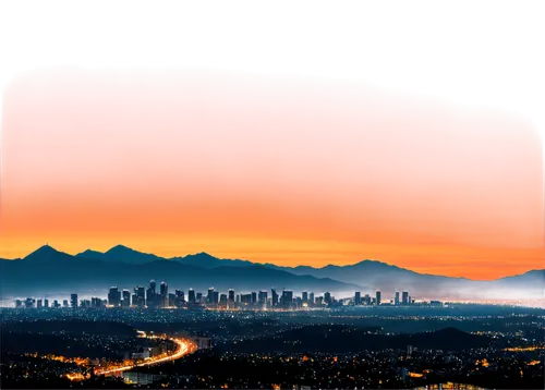 Soft twilight, warm orange sky, silhouette buildings, cityscape, modern skyscrapers, distant mountains, misty atmosphere, streetlights, warm glow, shallow depth of field, cinematic composition, panora