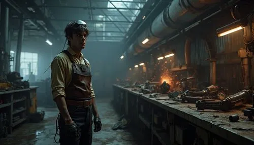 Industrial futuristic workshop, dimly lit, metallic walls, neon lights, intricate machinery, robotic arms, futuristic tools, leather apron, goggles on forehead, messy hair, oil-stained hands, worn jea