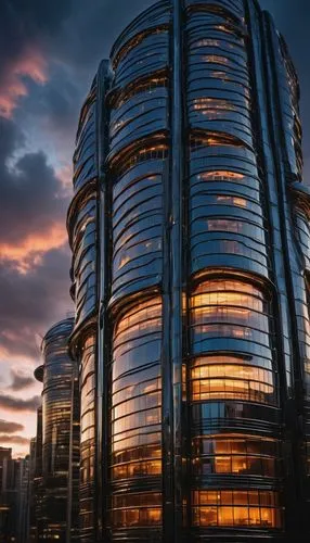 Modern futuristic skyscraper, sleek metallic exterior, gleaming glass windows, intricate LED lights, curved lines, grand atrium, high-rise urban setting, cityscape backdrop, dramatic clouds, warm suns