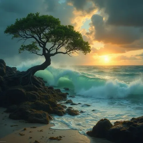 lone tree,seascape,isolated tree,nature wallpaper,coastal landscape,tropical sea,Illustration,Realistic Fantasy,Realistic Fantasy 29