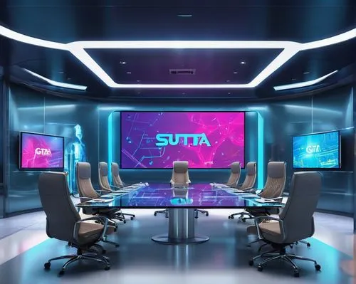 Cisco Video, TelePresence, futuristic conference room, modern minimalist interior, sleek metallic surfaces, high-tech gadgets, large LED screens, abstract geometric patterns, soft ambient lighting, 3/