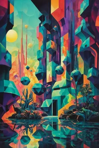 futuristic landscape,mushroom landscape,panoramical,psychedelic art,kaleidoscope,kaleidoscope art,lagoon,acid lake,kaleidoscopic,oasis,cubes,colorful city,dimensional,fractal environment,diamond lagoon,abstract artwork,3d fantasy,underwater landscape,alien world,virtual landscape,Art,Artistic Painting,Artistic Painting 45