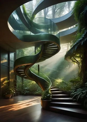 futuristic architecture,futuristic landscape,staircase,winding staircase,spiral staircase,winding steps,outside staircase,helix,staircases,arcology,biospheres,biophilia,biomes,biopiracy,circular staircase,ecotopia,dreamhouse,stairs,tropical house,forest house,Illustration,Black and White,Black and White 08