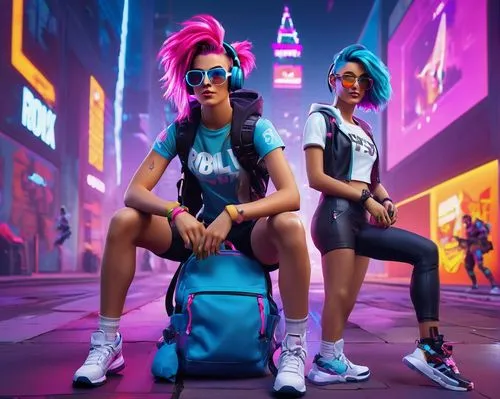 Male/Female gamer, Fortnite skins, Roblox avatar, colorful hair, futuristic glasses, athletic build, bold facial expression, trendy outfits, sneakers, backpack, gaming accessories, dynamic pose, actio