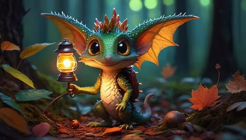 Cute kobold, green scales, big round eyes, tiny nose, fangs, pointy ears, spiky hair, mischievous expression, holding a small lantern, standing on a mushroom, forest floor, autumn leaves, twinkling fi