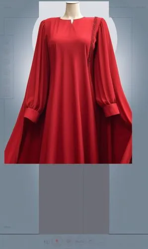 Drawing of a long veiled women red long maxi abaya with the arm positioned below the middle of the body and with plissé sleeves with red dress for Muslim hejab ,a dress made out of red material with a