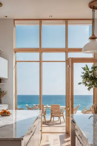 window with sea view,oceanfront,ocean view,beach house,seaside view,oceanview,breakfast room,dunes house,modern kitchen,transparent window,modern kitchen interior,hovnanian,french windows,wooden windows,penthouses,big kitchen,kitchen interior,beachhouse,kitchen design,window frames,Illustration,Black and White,Black and White 32