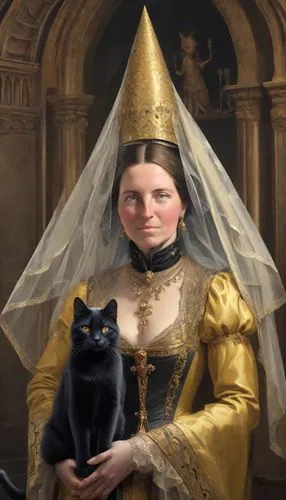 (((A tall and narrow Gothic cone "Wimple Hennin Yellow & Black" with decoration on the woman's head: 1, 5 +++, the forehead and temples are wrapped in dark cloth: 1, 4+++, on the Gothic cone "Wimple H