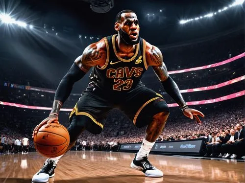 LeBron James, NBA player, muscular man, athletic build, serious facial expression, sweat drips from forehead, black basketball jersey, white sneakers, basketball in hand, dribbling, running, jumping, 