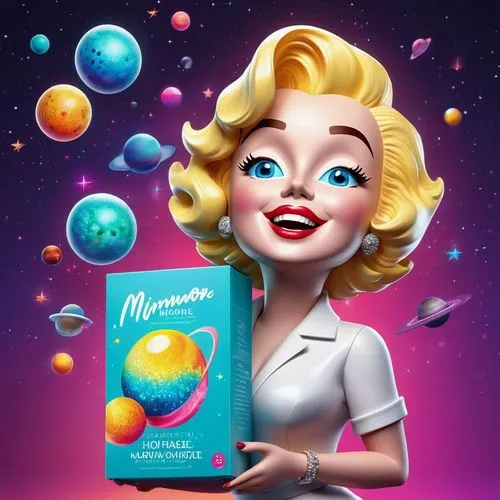 a cartoon style lady holding an unused book in space,monatomic,candymakers,maraschino,marzipan,moonballs,magnapop,3D,3D Character