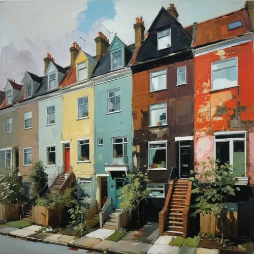 notting hill,row of houses,row houses,islington,fulham,rowhouse,dunovant,houses clipart,tenements,rowhouses,kensal,blocks of houses,house painting,esquina,barnsbury,fitzrovia,houses,townhouse,townhouses,harringay,Conceptual Art,Oil color,Oil Color 01