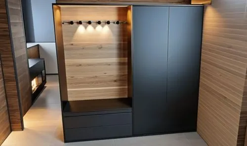 un moderno contrasto di colori tar ardesia e nero con finiturew ner a contrasto con il calore del legno regalano agli ambienti un tocco di calore sofisticato ,a closet made from wood is open with ligh